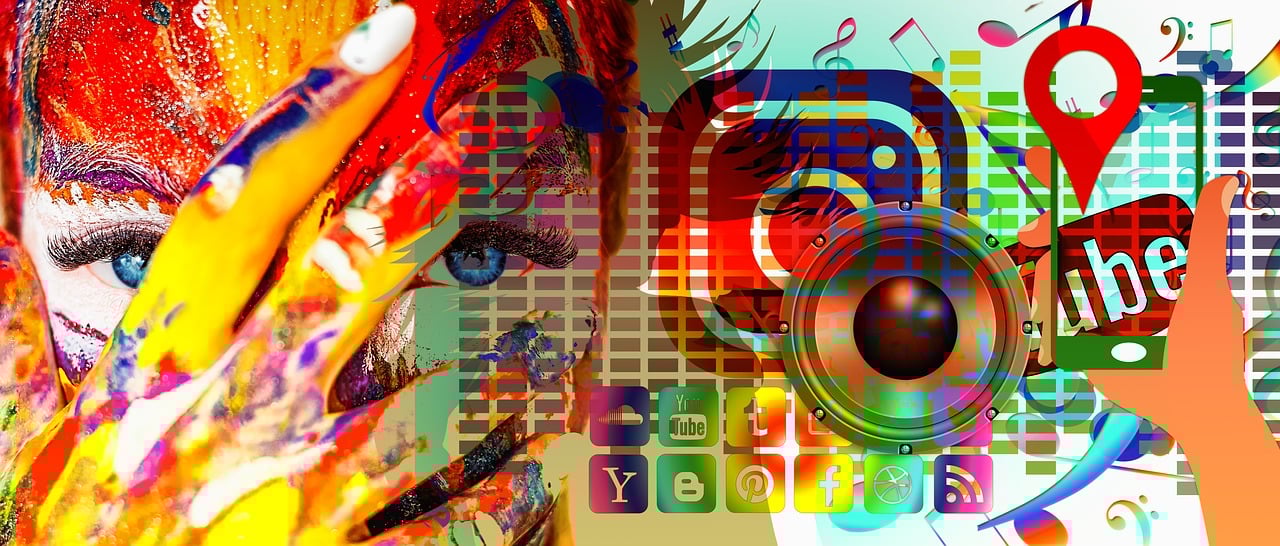 Collage coloré de réseaux sociaux et peinture pour communication d'une association