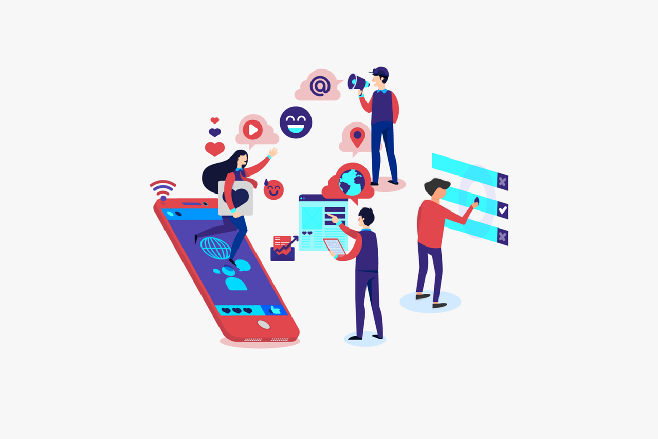 Illustration réseaux sociaux et technologies numériques pour communication d'association